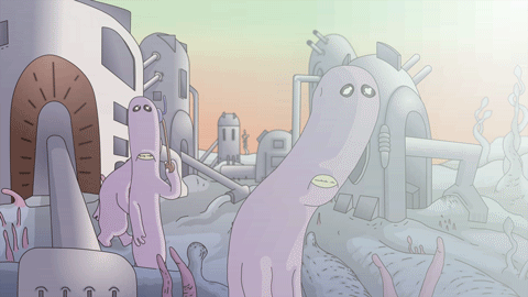 The Quetsulopus going about their business in a seaweed bloom island city. From the animation Lessons fromAround the Cosmos